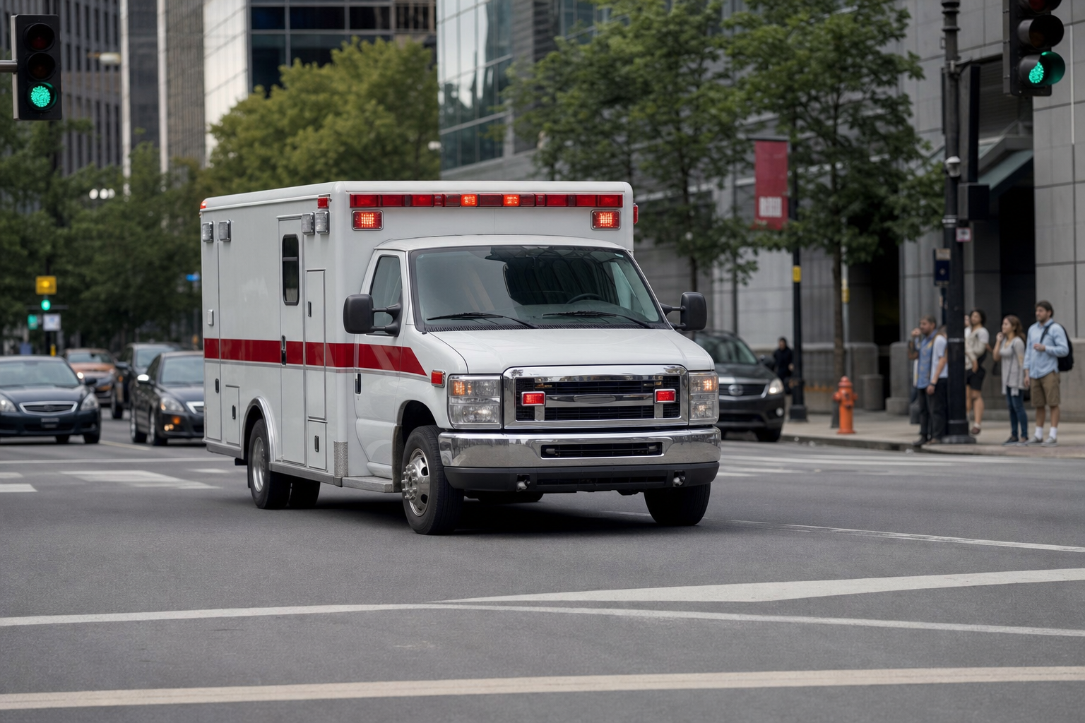 Ambulance Navigating Busy Intersection with Green Lights