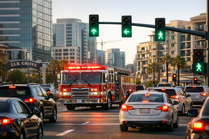 Fire Truck Navigating Urban Intersection at Dusk