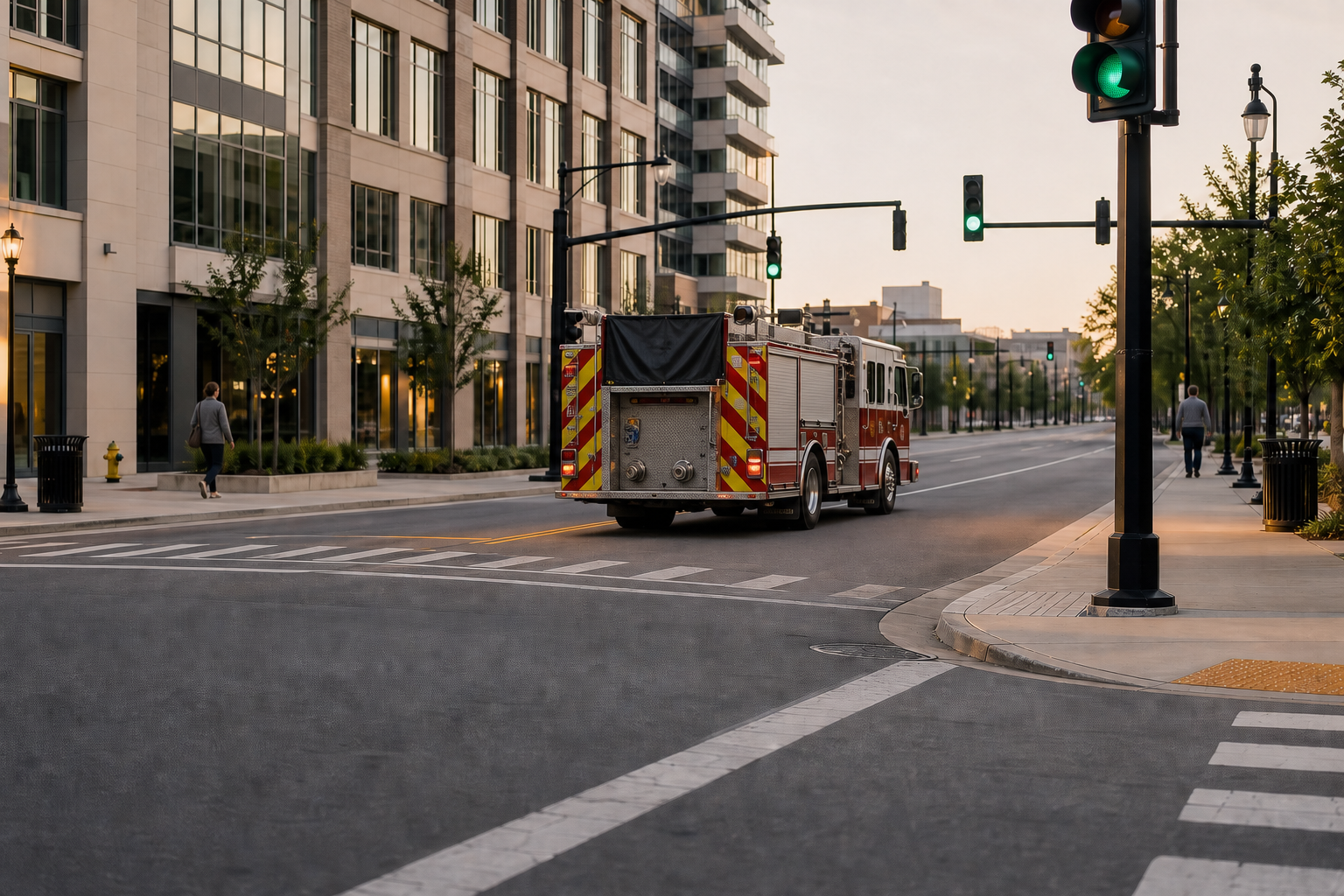 Fire Truck at Safe Intersection with Pedestrians Nearby