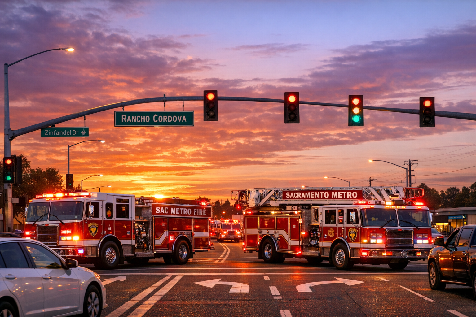 Fire Trucks at Sunset Intersection in Rancho Cordova-1