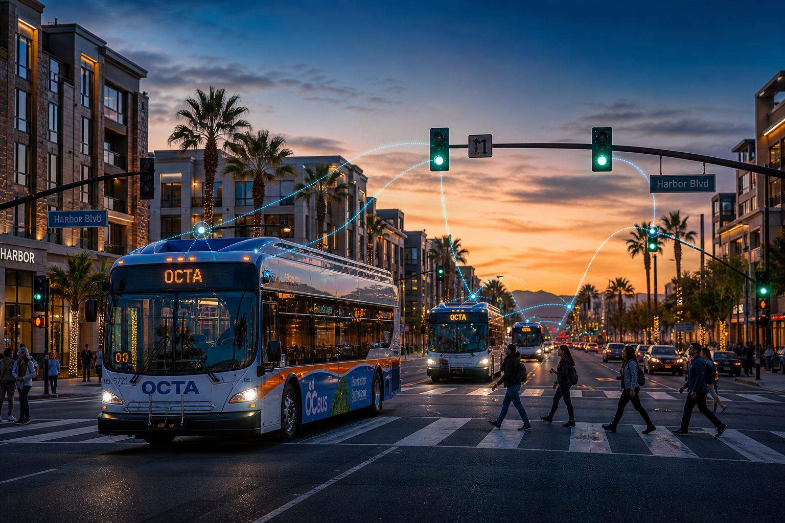Harbor Boulevard Urban Corridor with Dusky Evening Transit Flow