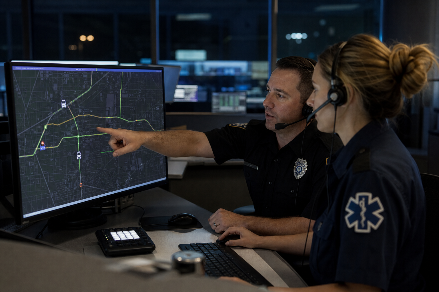 Police and EMT Dispatcher Reviewing Live Vehicle Map