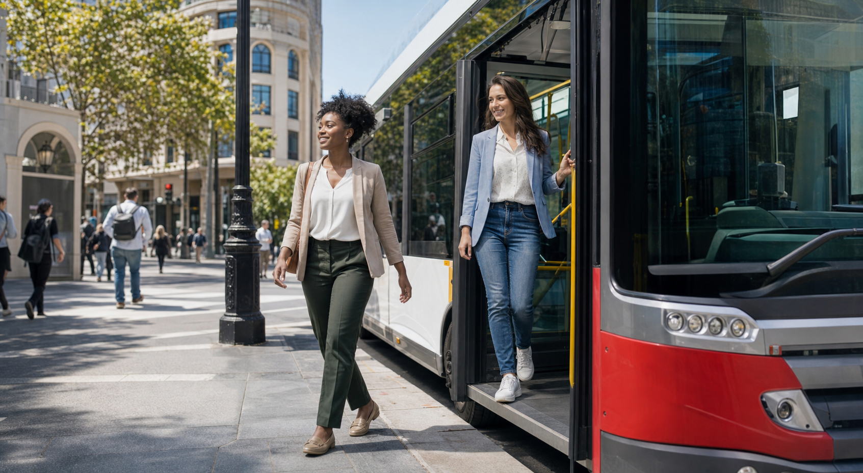 Two People Exiting Bus in Vibrant Cityscape